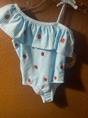 Banana Boat Kids One-Shoulder Seersucker Swimsuit with Strawberry Embroidery